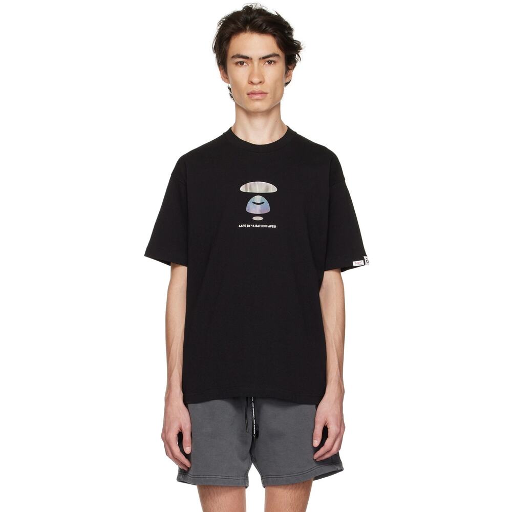 AAPE By A Bathing Ape Holographic Moonface Graphic Tee Men's Large Black
